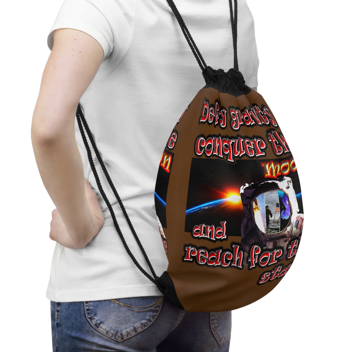 defy conquer reach - Drawstring Bag (brown)