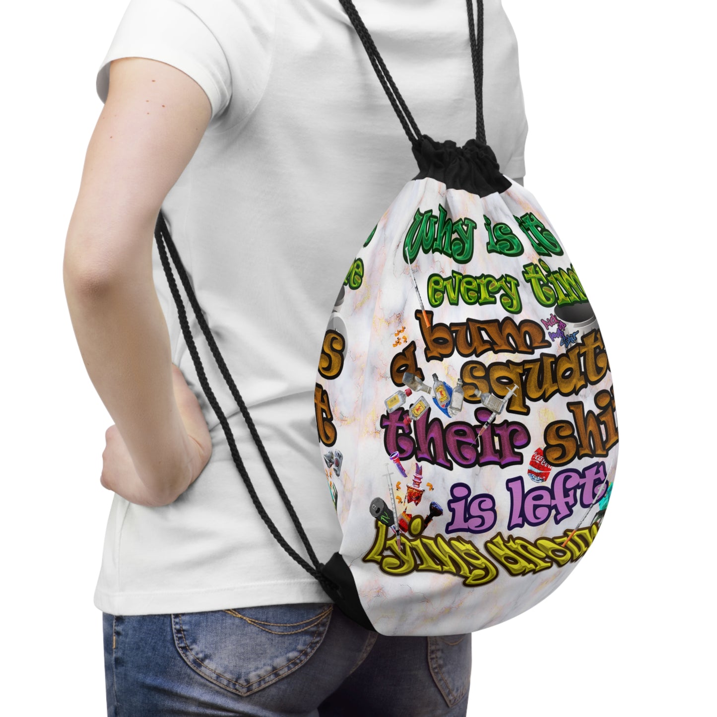 the bum's shit - Drawstring Bag (white marble)