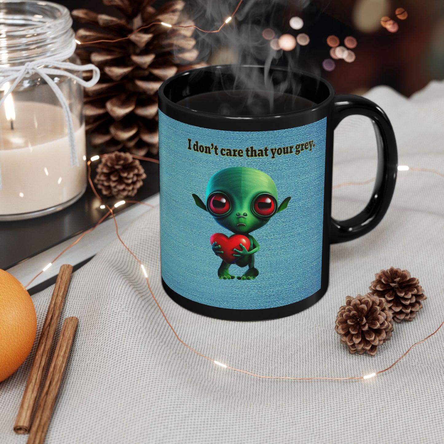 I don't care that your grey - Black Mug (faded blue)
