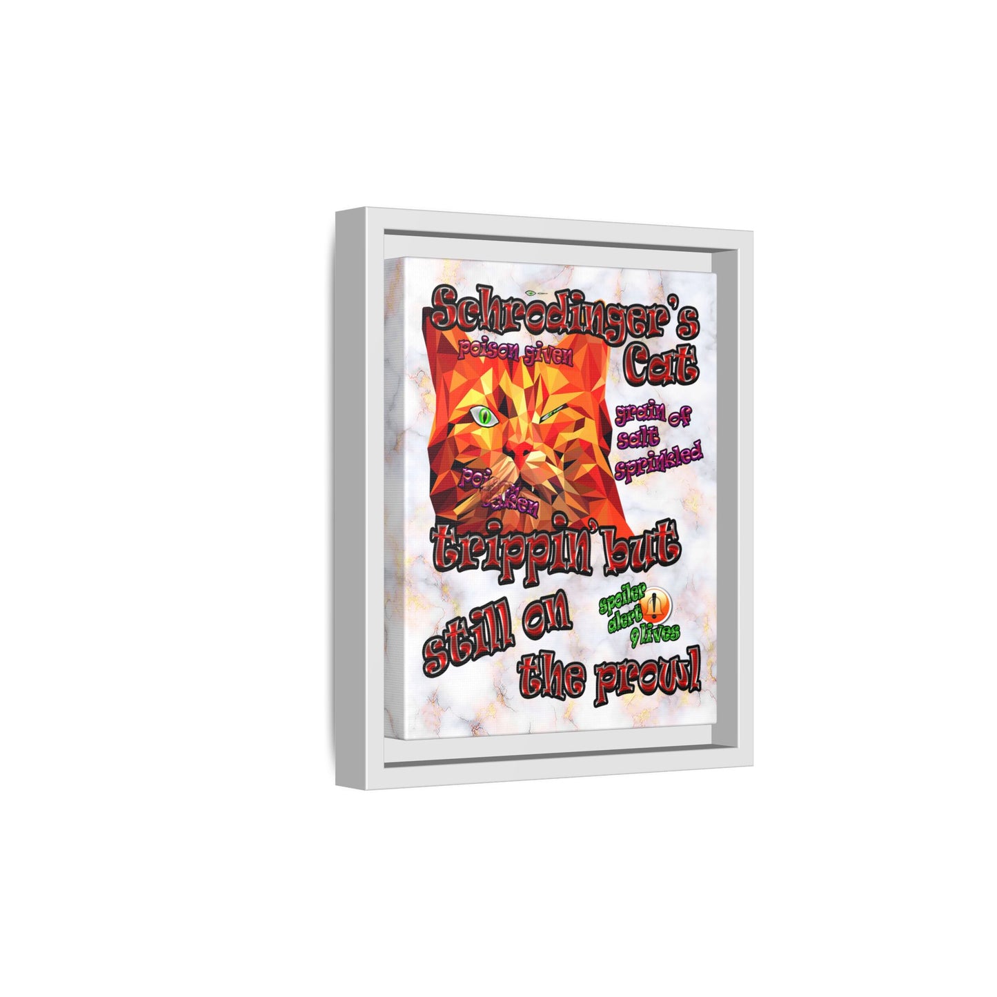 schrodinger's cat - framed canvas art (white marble)