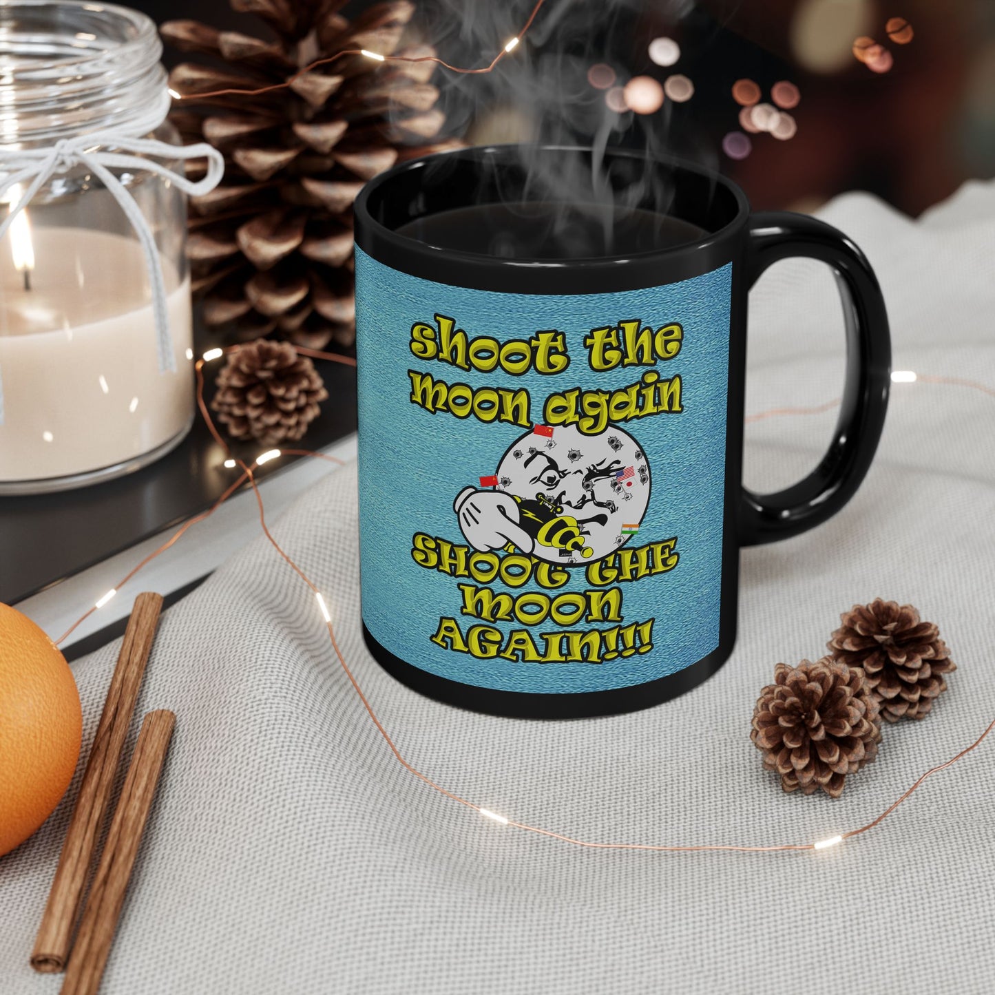 shoot the moon again - Black Mug (faded blue)