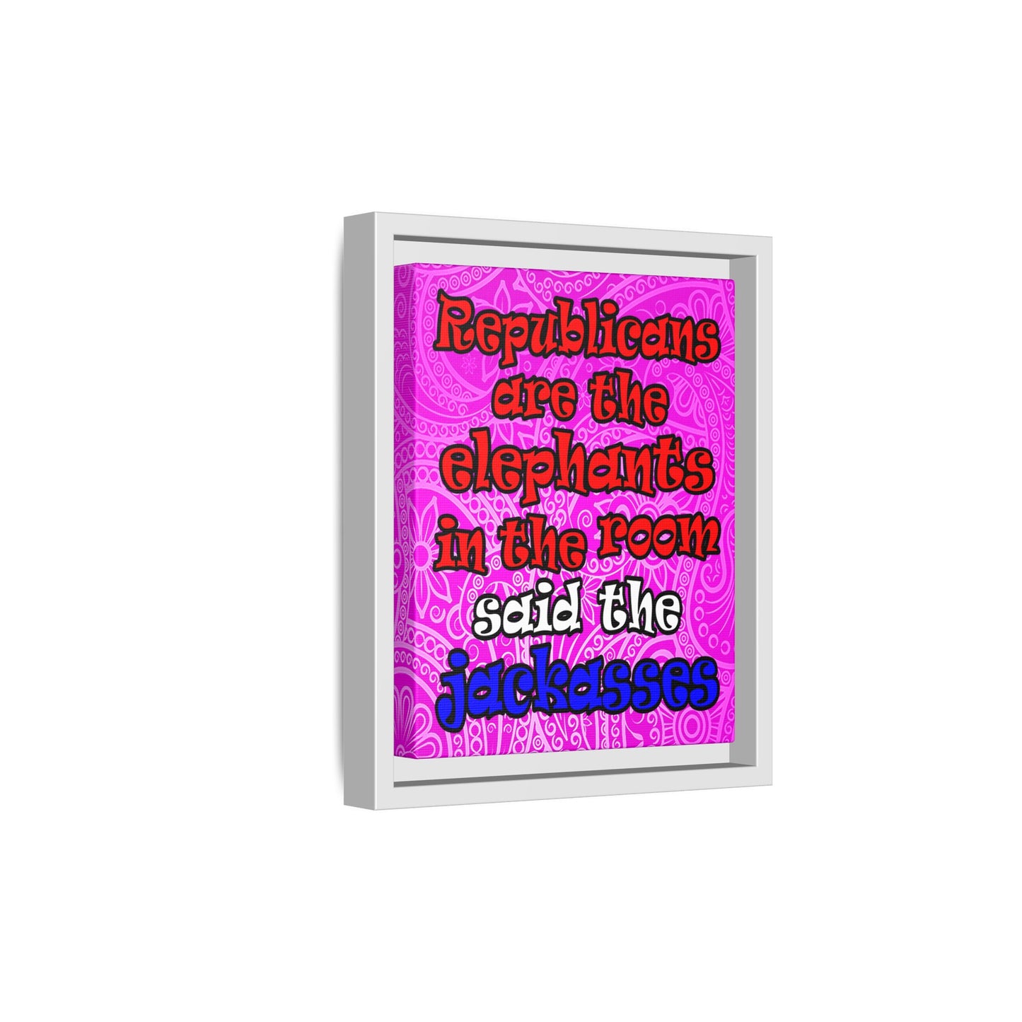donkeys and elephants - framed canvas art (pink swirl)