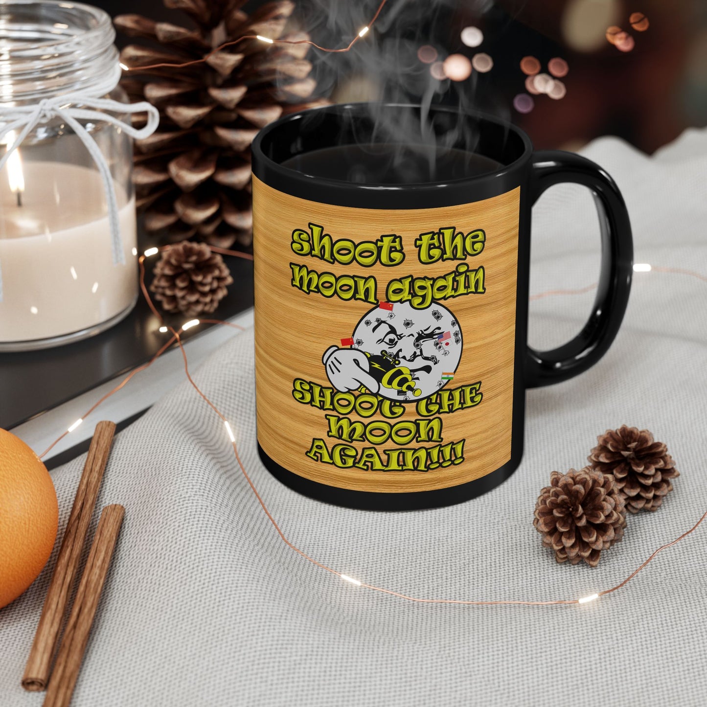 shoot the moon again - Black Mug (butterscotch wood finish)