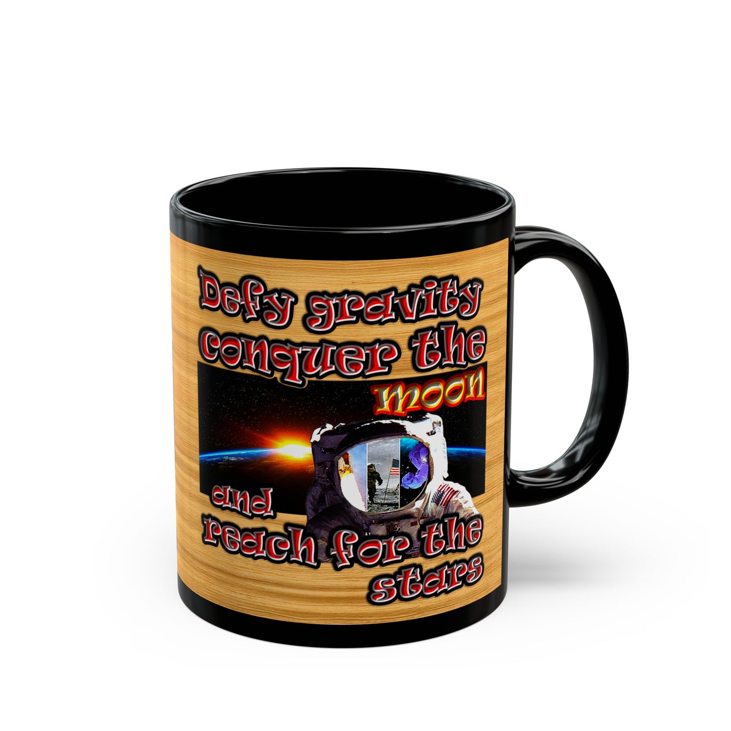 defy conquer reach - Black Mug (butterscotch wood finish)