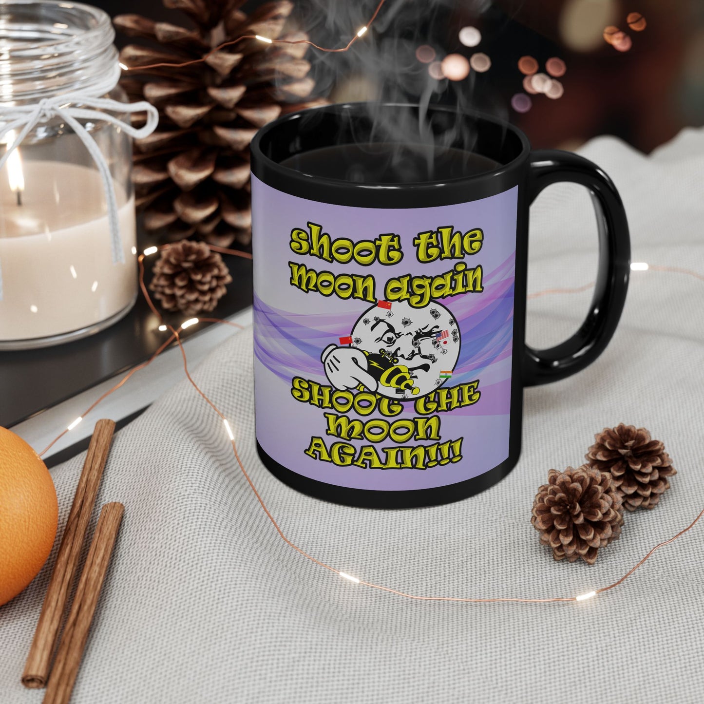 shoot the moon again - Black Mug (light blue-pink wave)