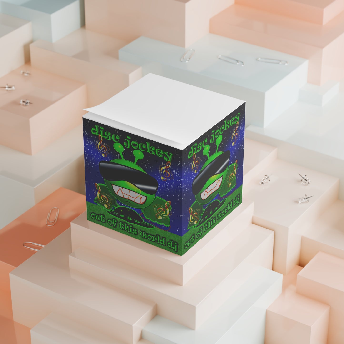 disc jockey - note cube ('snoops' background)