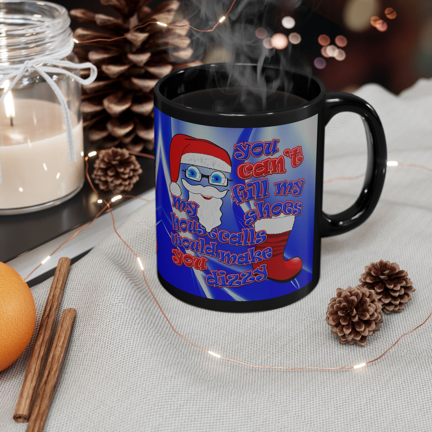 santa's shoes - Black Mug (blue-white wave)