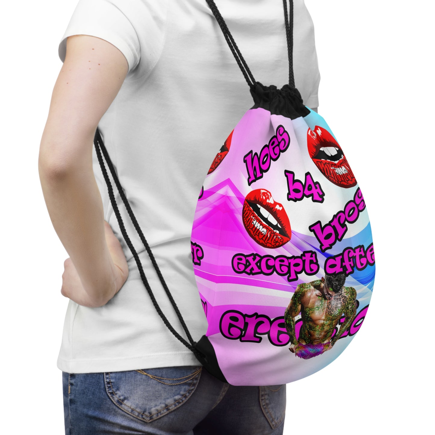 hoes b4 bros - Drawstring Bag (light blue-pink wave)