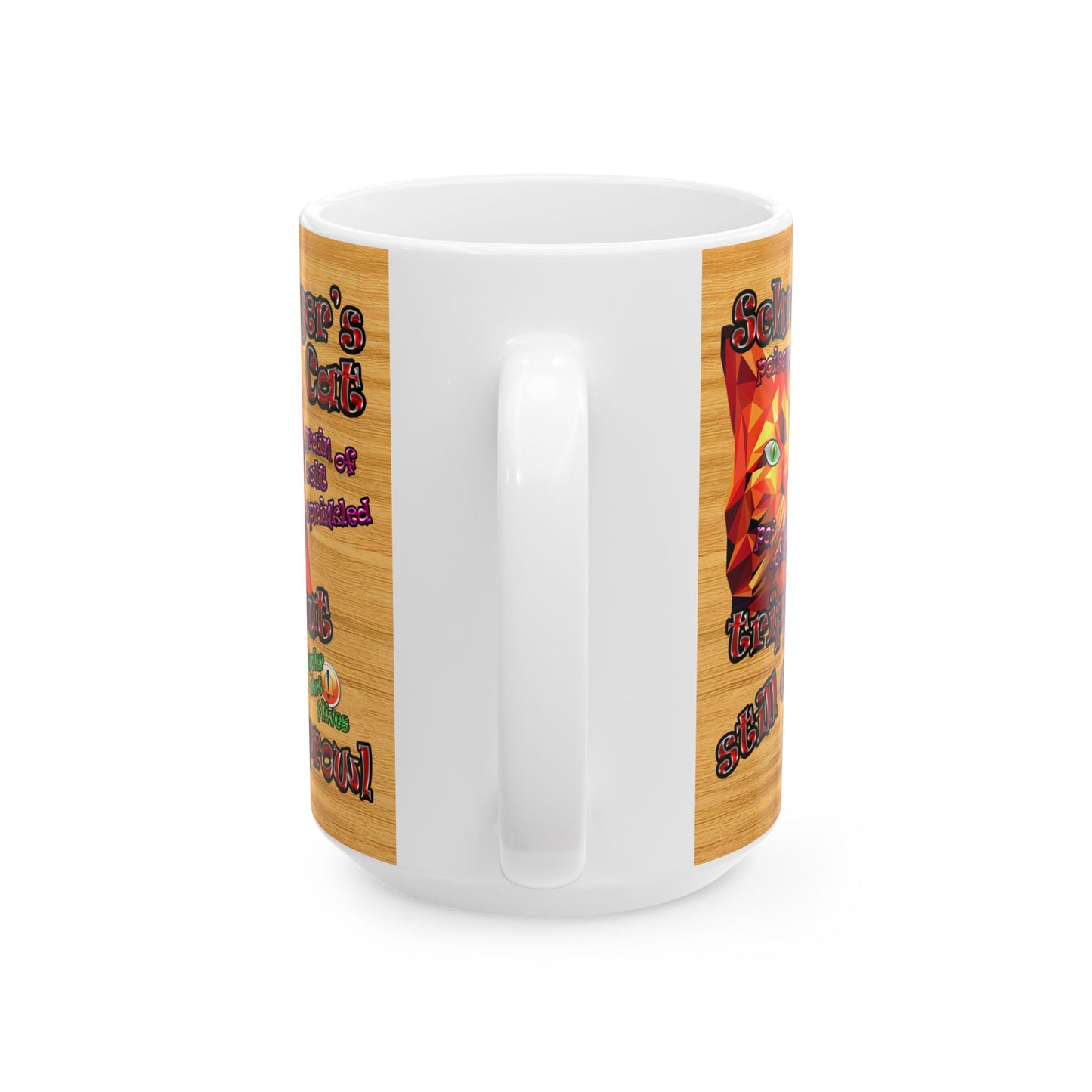 schrodinger's cat - White Mug (butterscotch wood finish)
