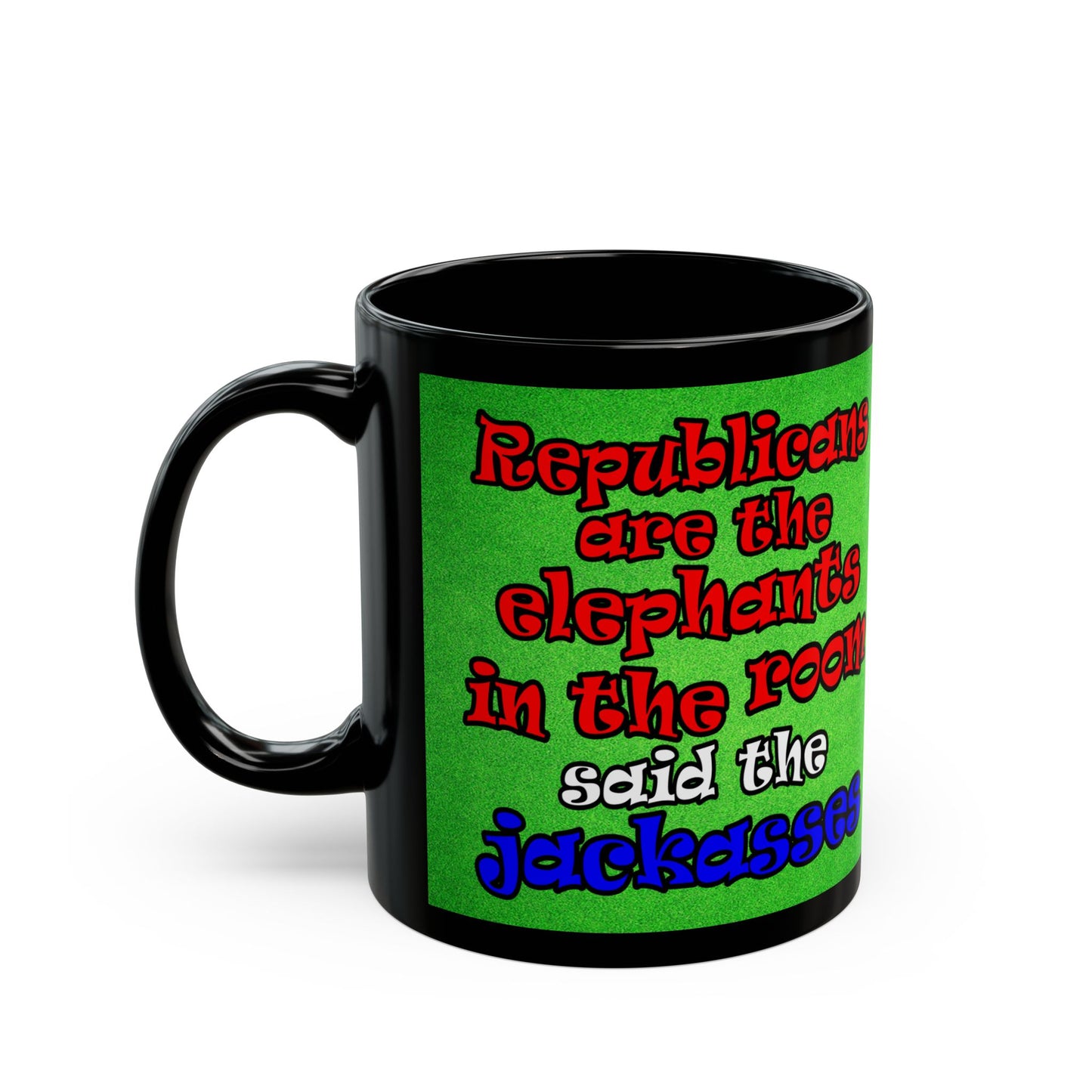 donkeys and elephants - Black Mug (green turf)