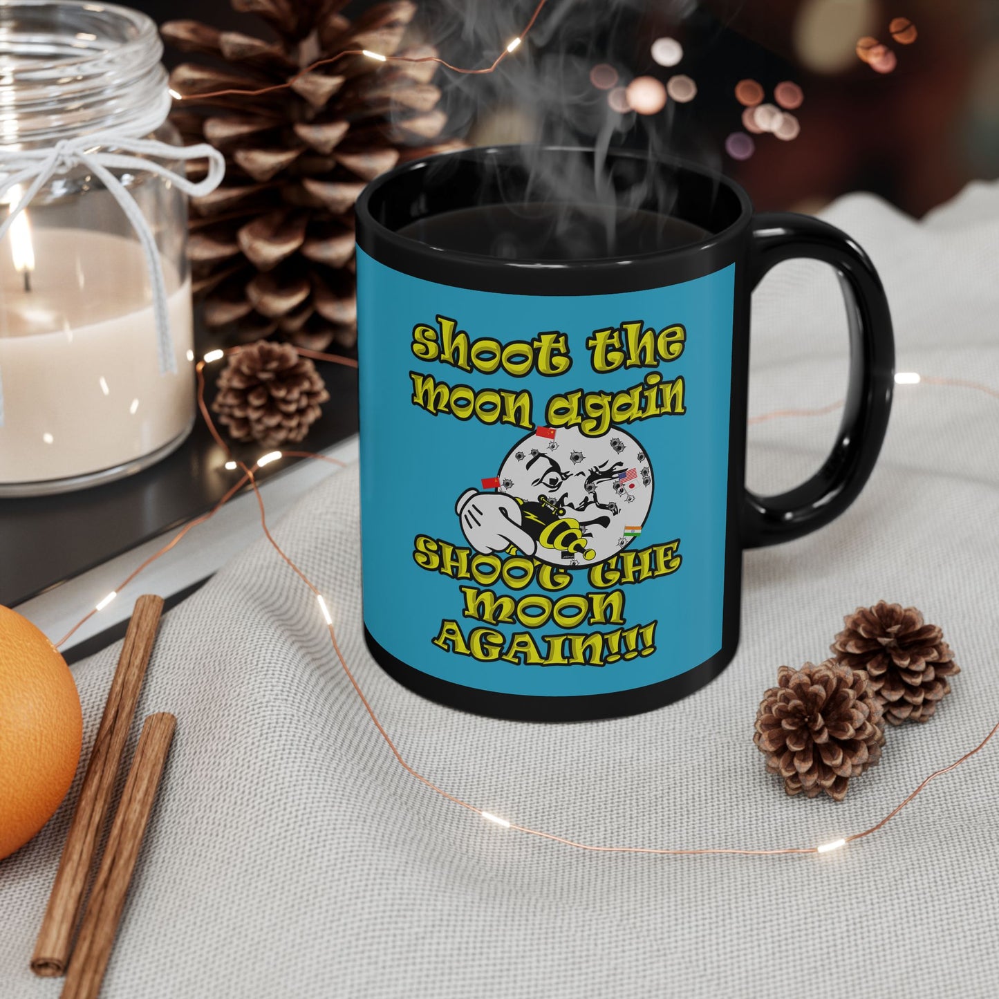 shoot the moon again - Black Mug (turquoise)