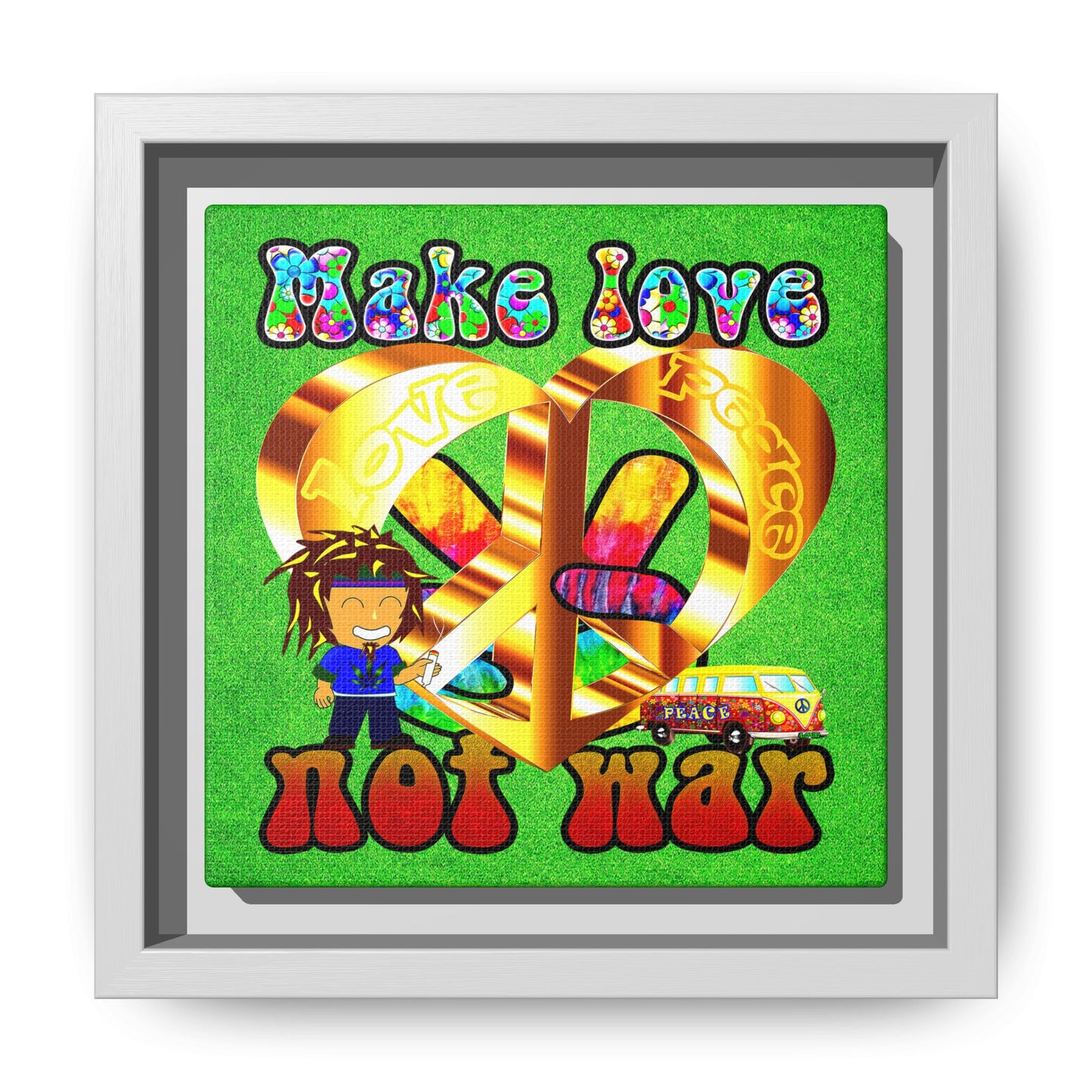 love peace - framed canvas art (green turf)