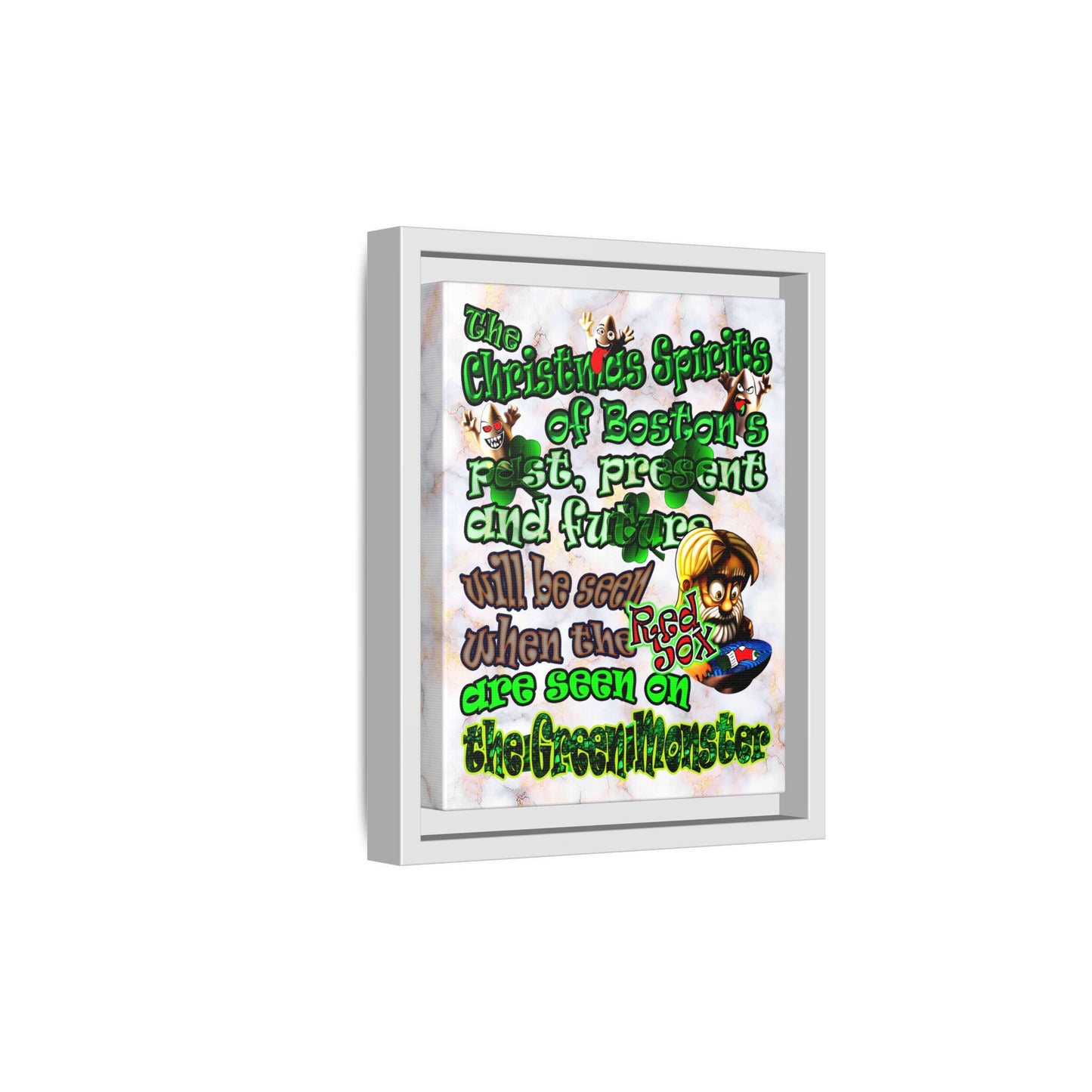 christmas spirits of boston - framed canvas art (white marble)