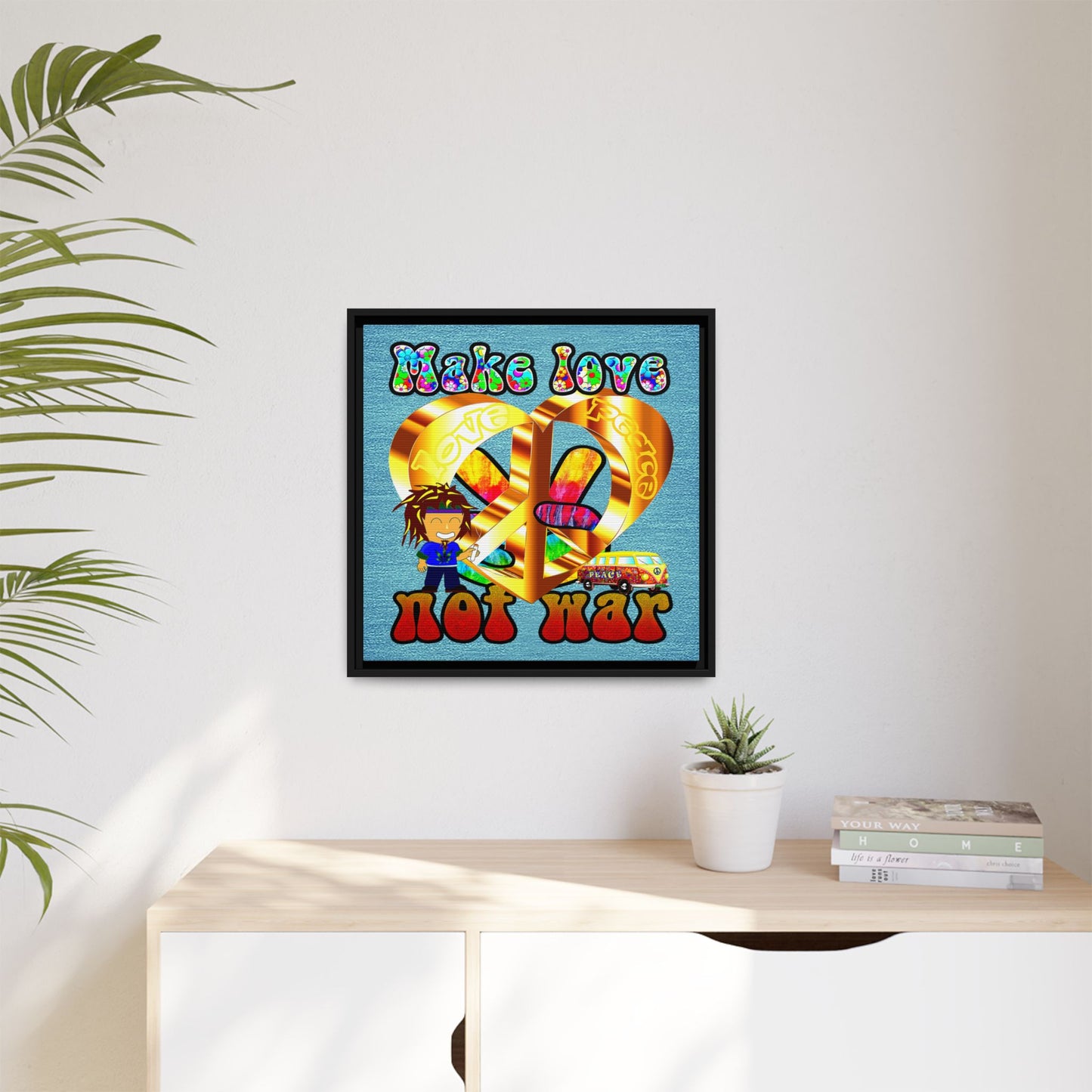 love peace - framed canvas art (faded blue)