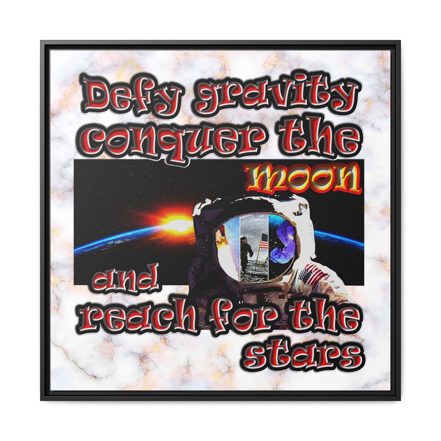 defy conquer reach - framed canvas art (white marble)