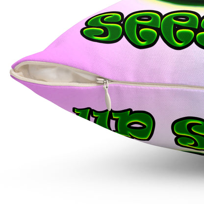 green monster - Spun Polyester Square Pillow - (light blue-pink wave)