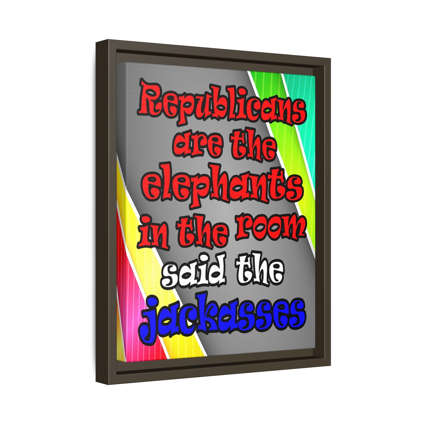 donkeys and elephants - framed canvas art (rainbow split)