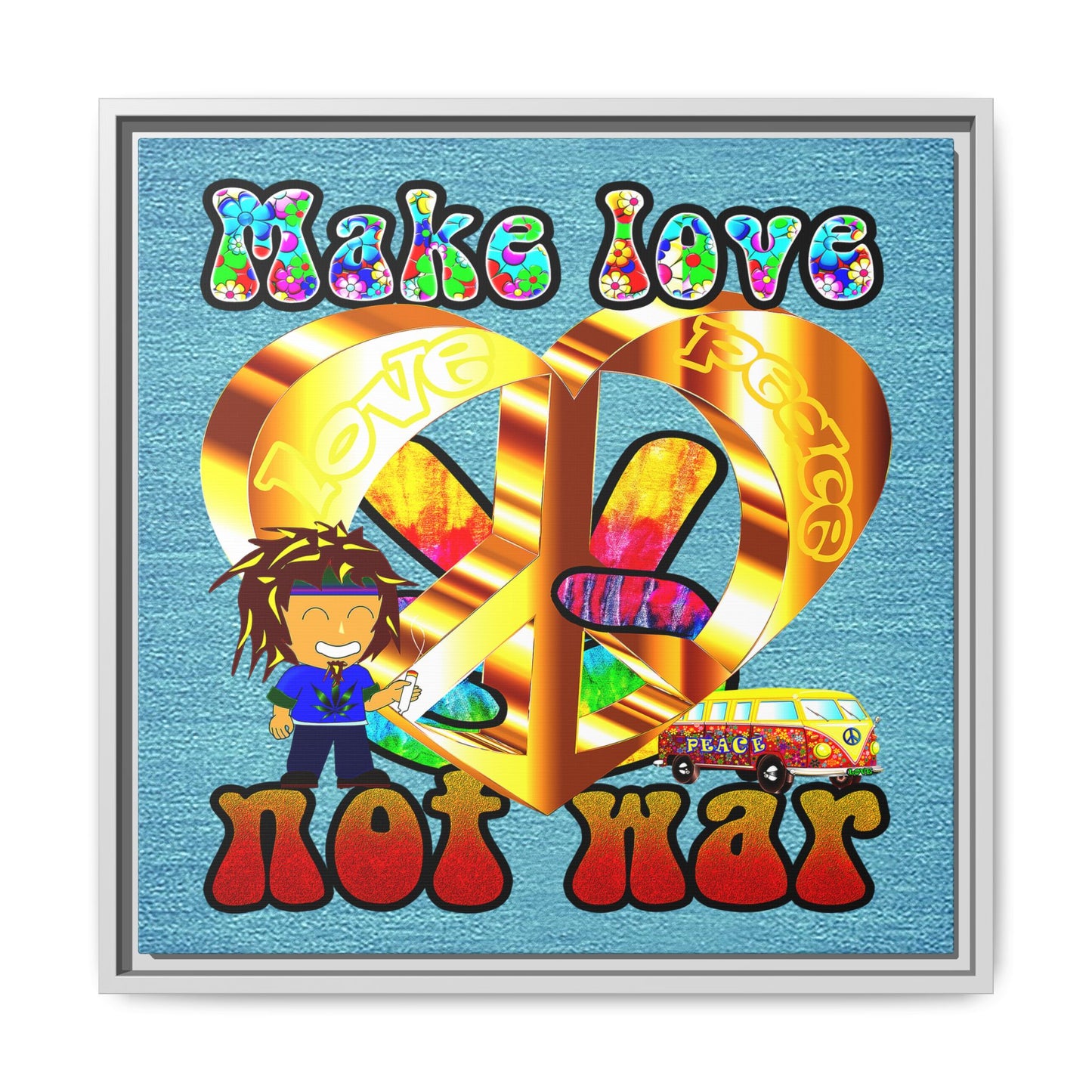 love peace - framed canvas art (faded blue)