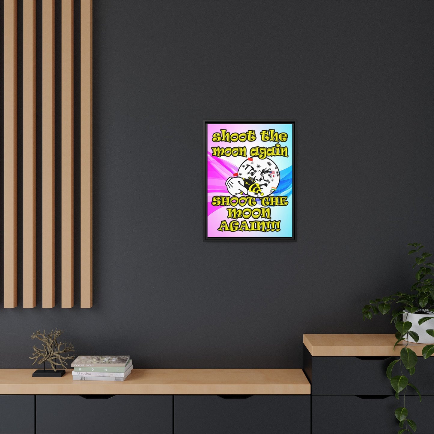 shoot the moon again - framed canvas art (light blue-pink wave)