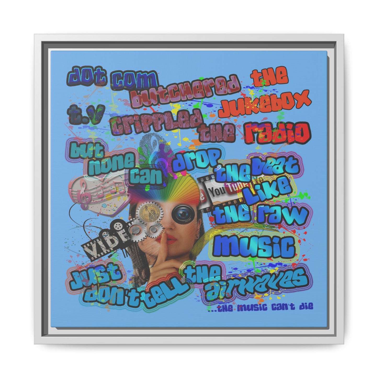 drop the beat - framed canvas art (light blue)