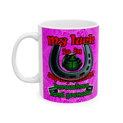 my luck - White Mug (pink swirl)