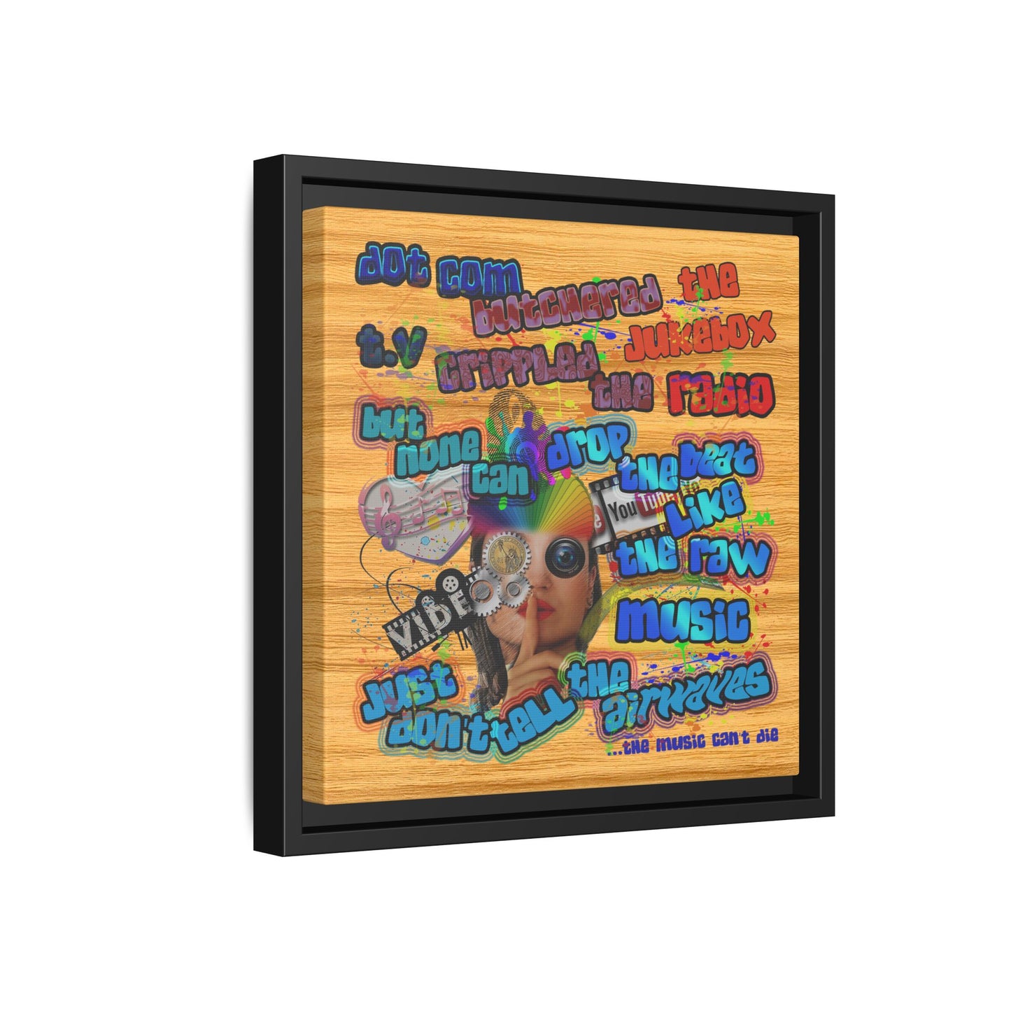 drop the beat - framed canvas art (butterscotch wood finish)