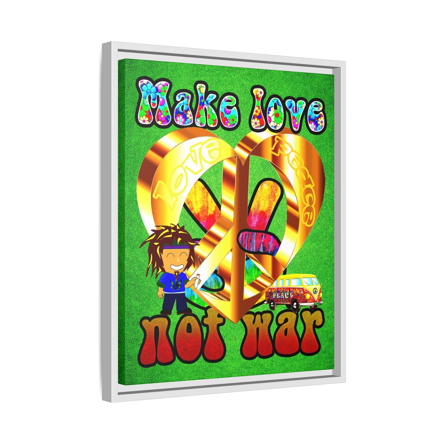 love peace - framed canvas art (green turf)
