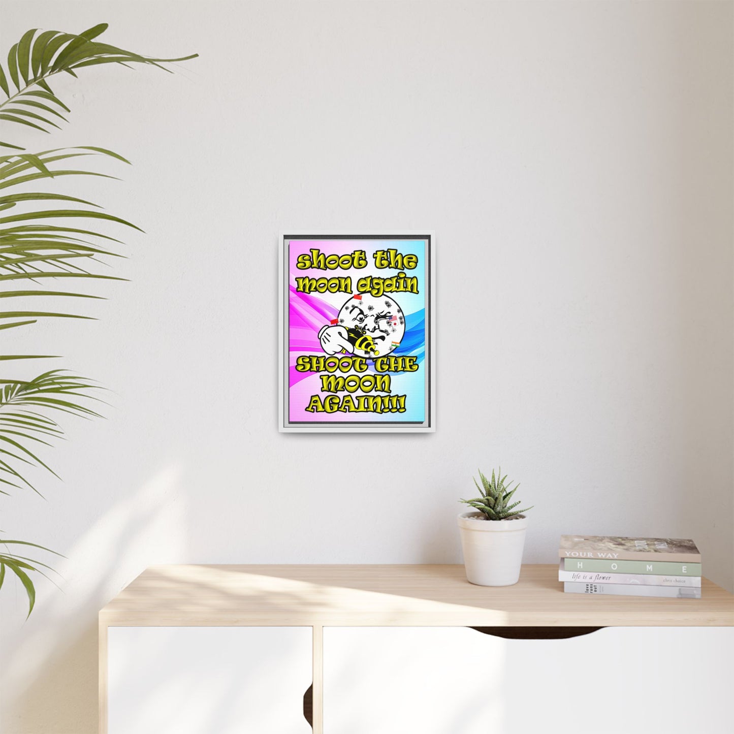 shoot the moon again - framed canvas art (light blue-pink wave)