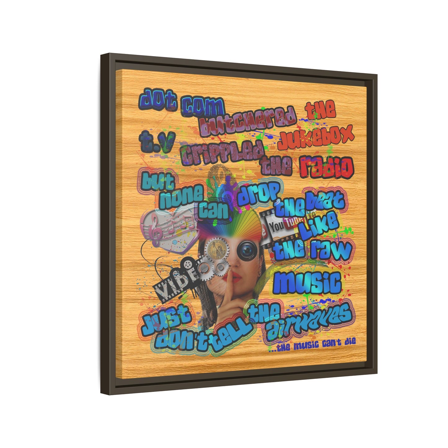 drop the beat - framed canvas art (butterscotch wood finish)