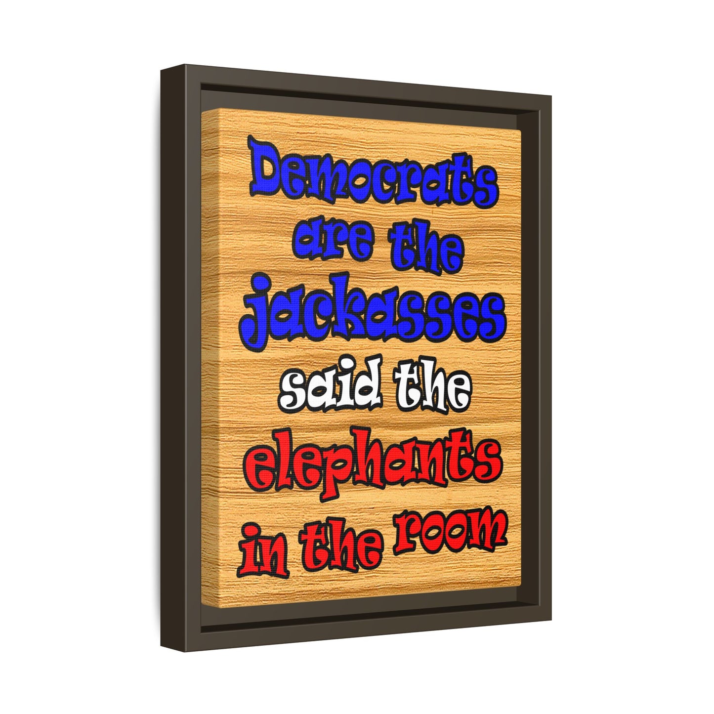 donkeys and elephants - framed canvas art (butterscotch wood finish)