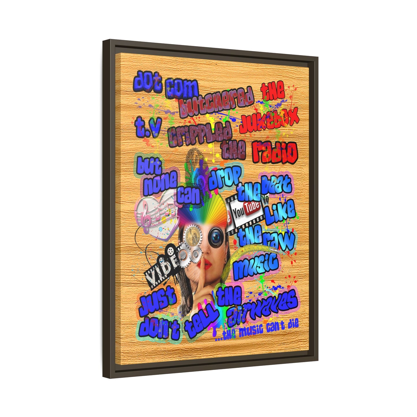 drop the beat - framed canvas art (butterscotch wood finish)