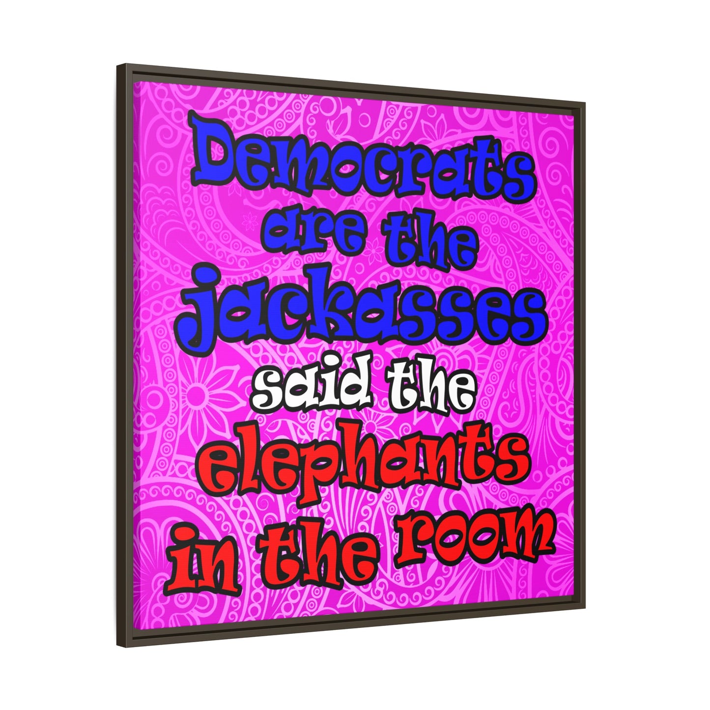 donkeys and elephants - framed canvas art (pink swirl)