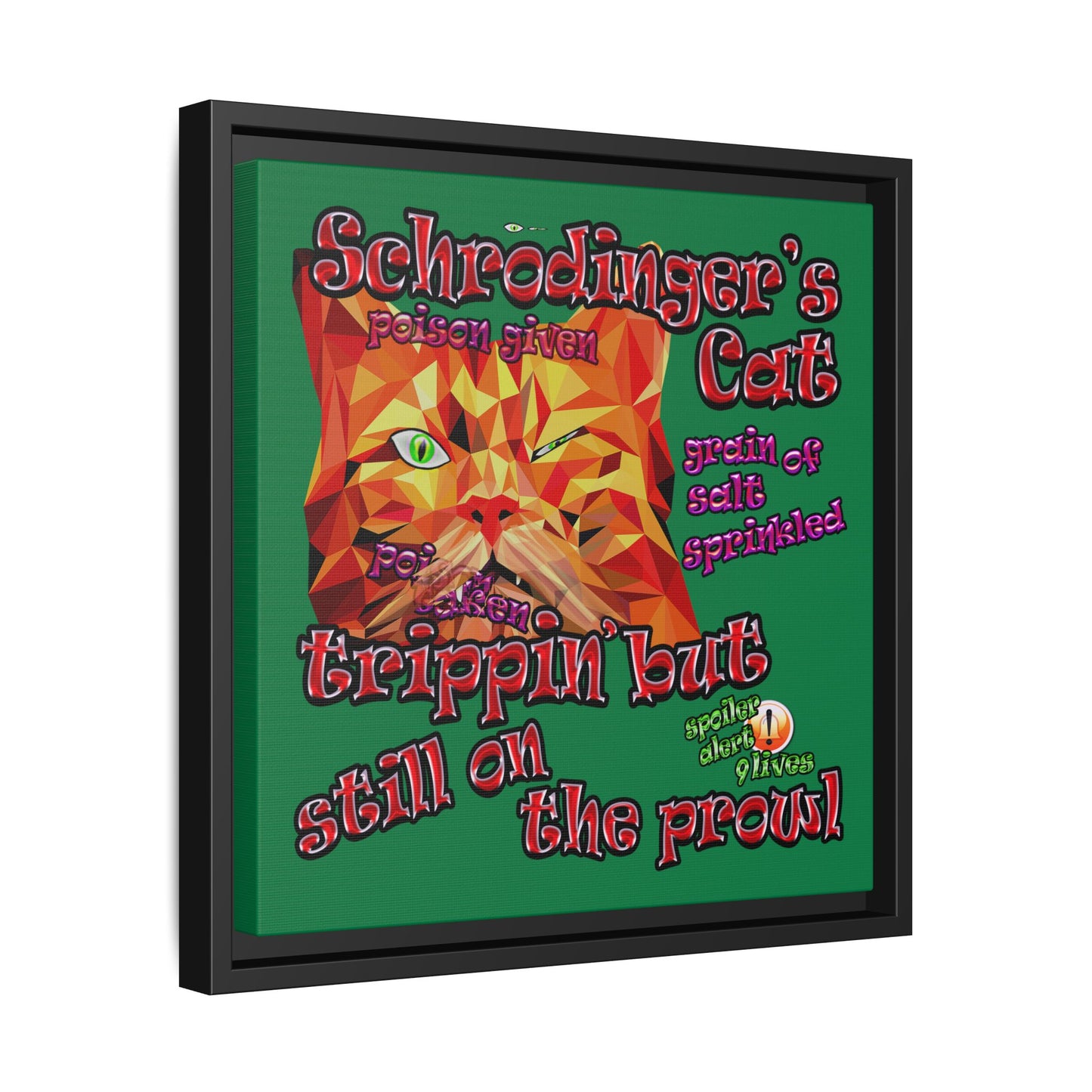 schrodinger's cat - framed canvas art (dark green)