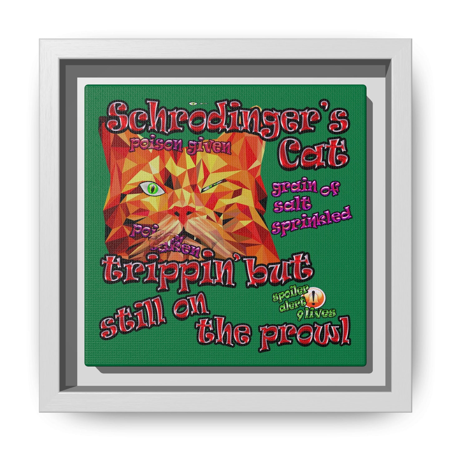 schrodinger's cat - framed canvas art (dark green)