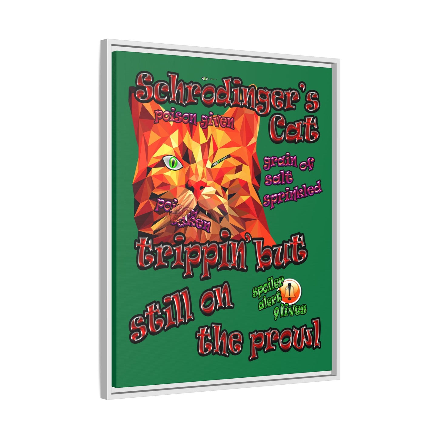 schrodinger's cat - framed canvas art (dark green)
