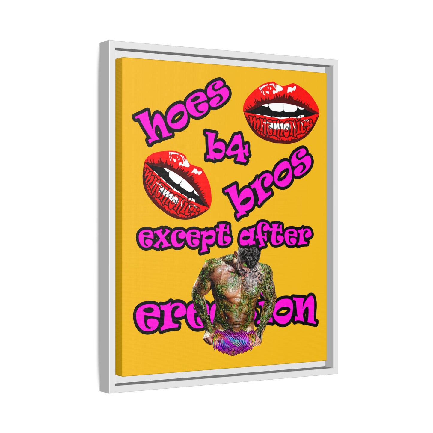 hoes b4 bros - framed canvas art (yellow)