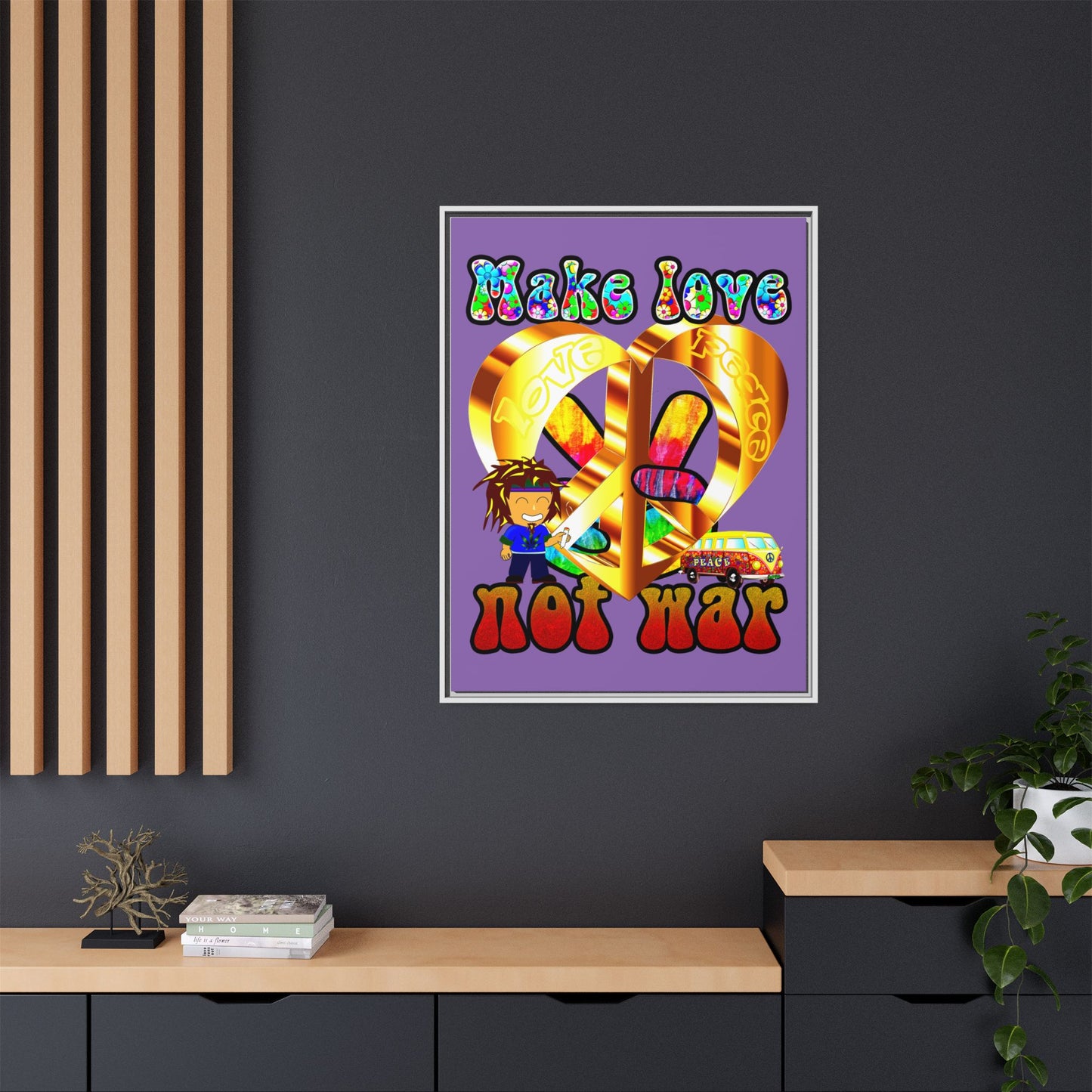 love peace - framed canvas art (light purple)