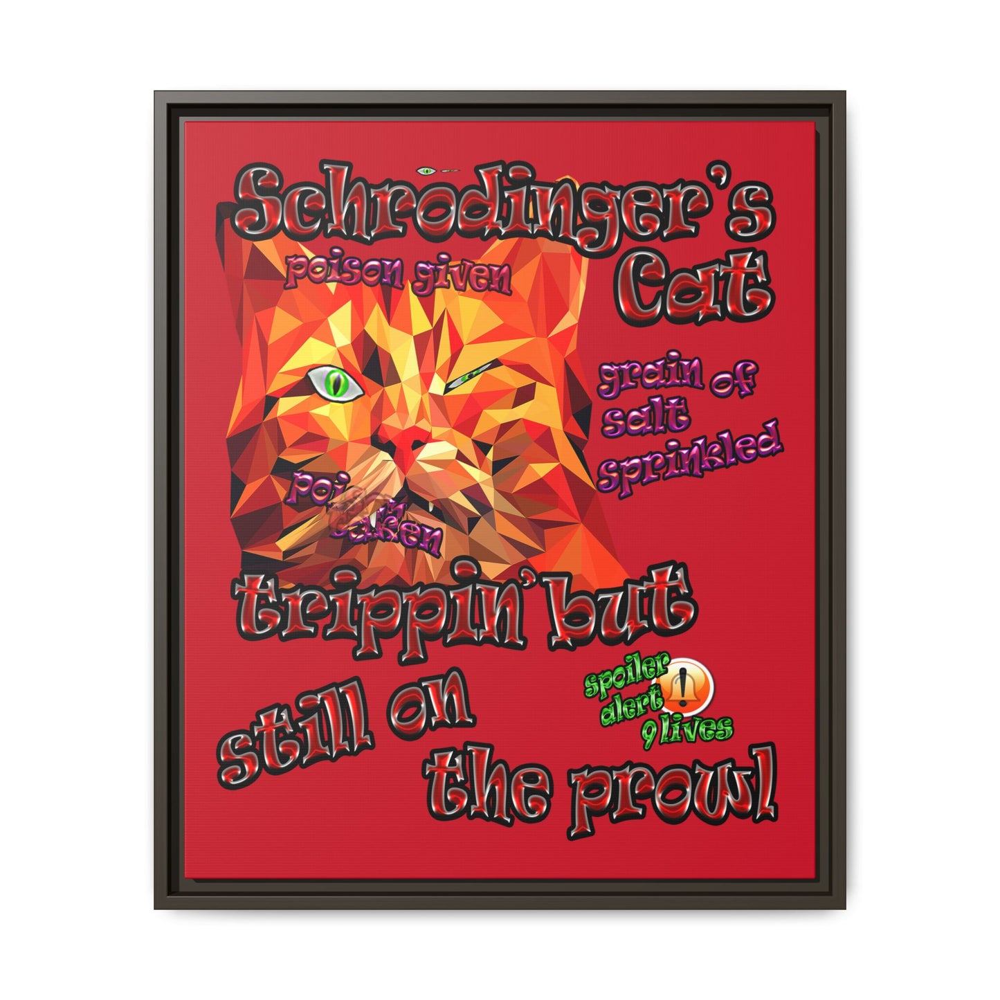 schrodinger's cat - framed canvas art (dark red)