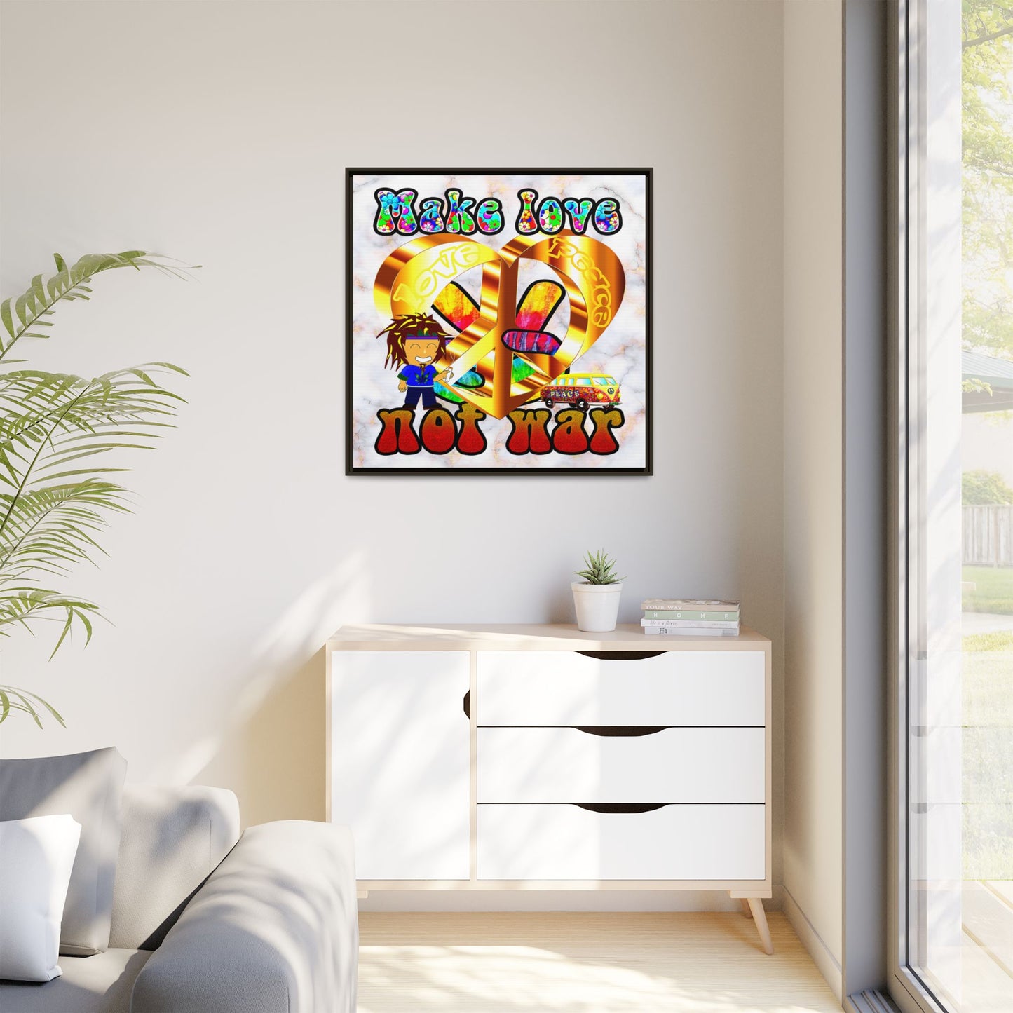 love peace - framed canvas art (white marble)