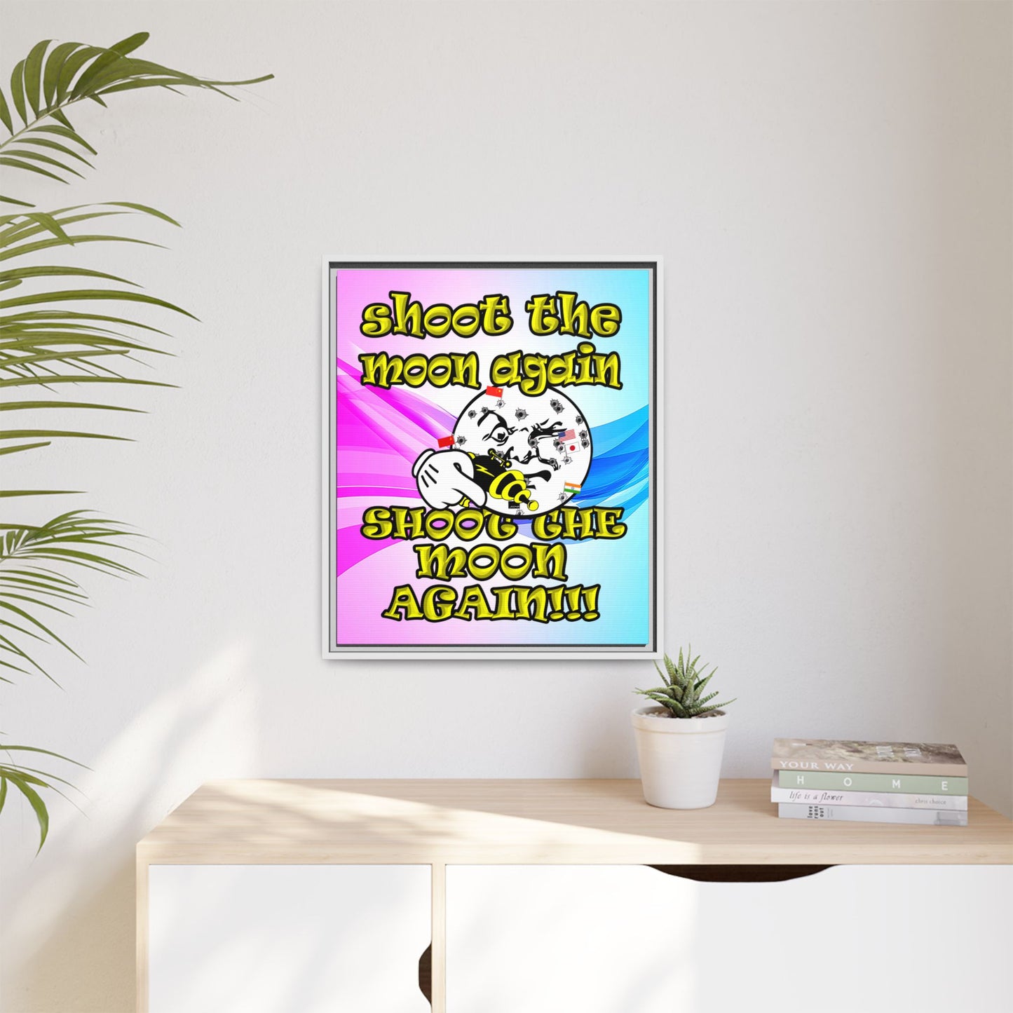 shoot the moon again - framed canvas art (light blue-pink wave)