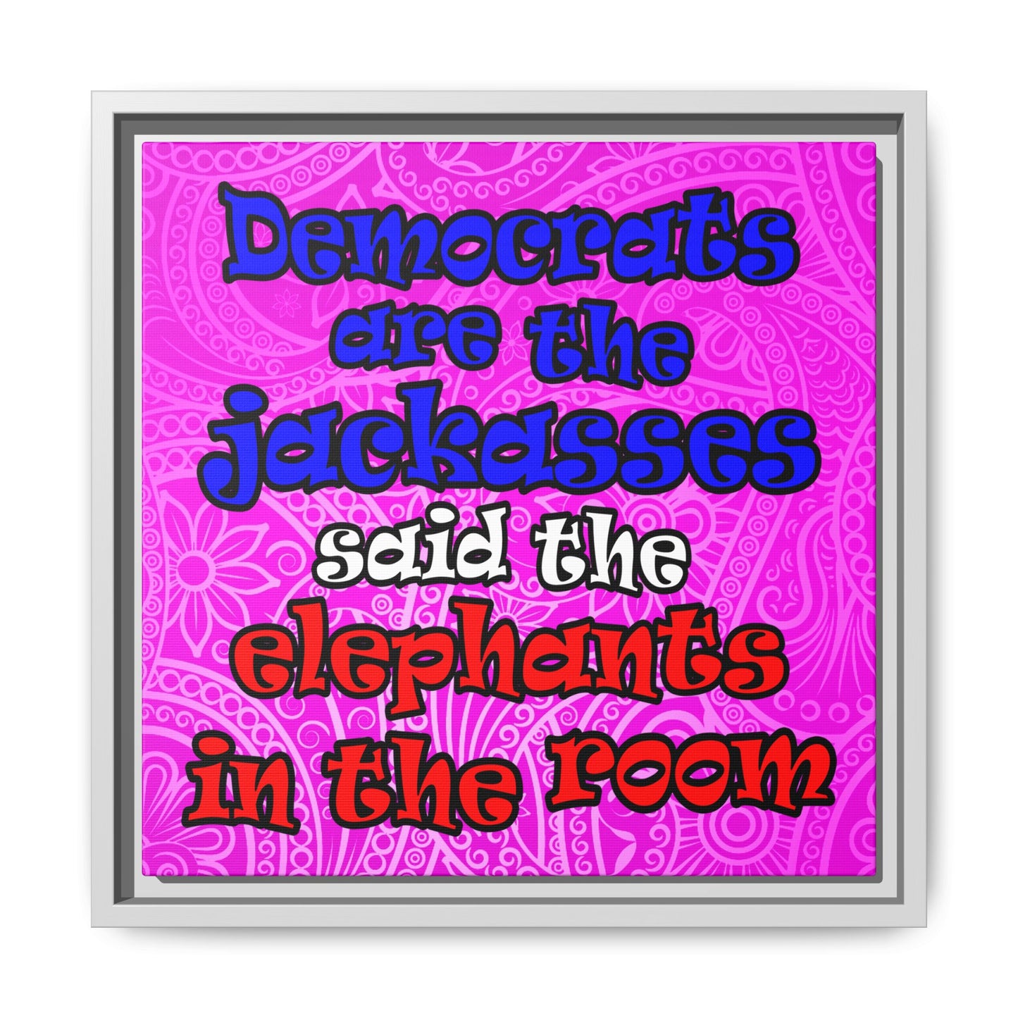 donkeys and elephants - framed canvas art (pink swirl)