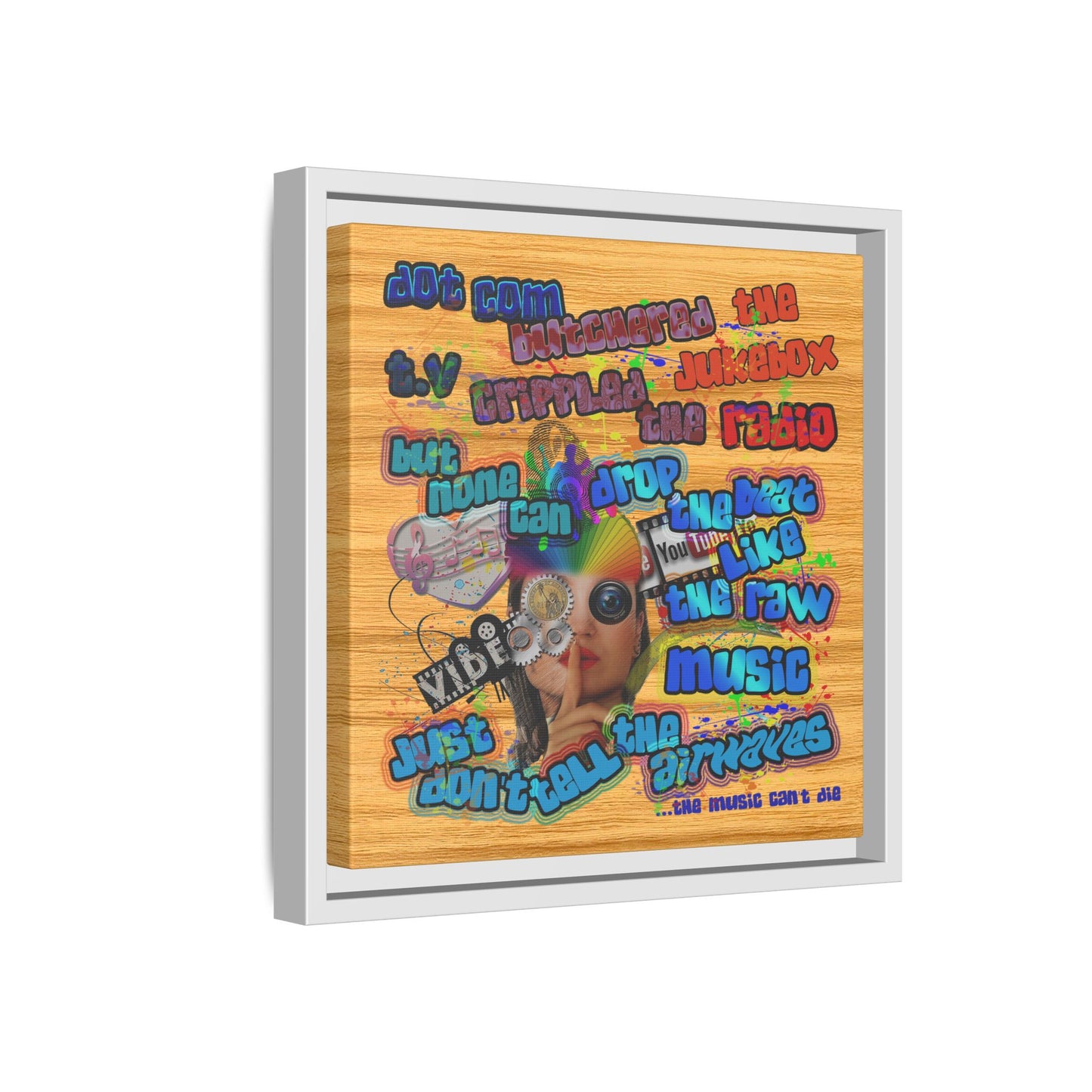 drop the beat - framed canvas art (butterscotch wood finish)