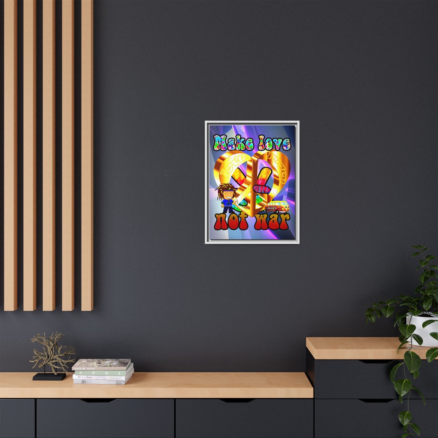 love peace - framed canvas art (grey-pink wave)