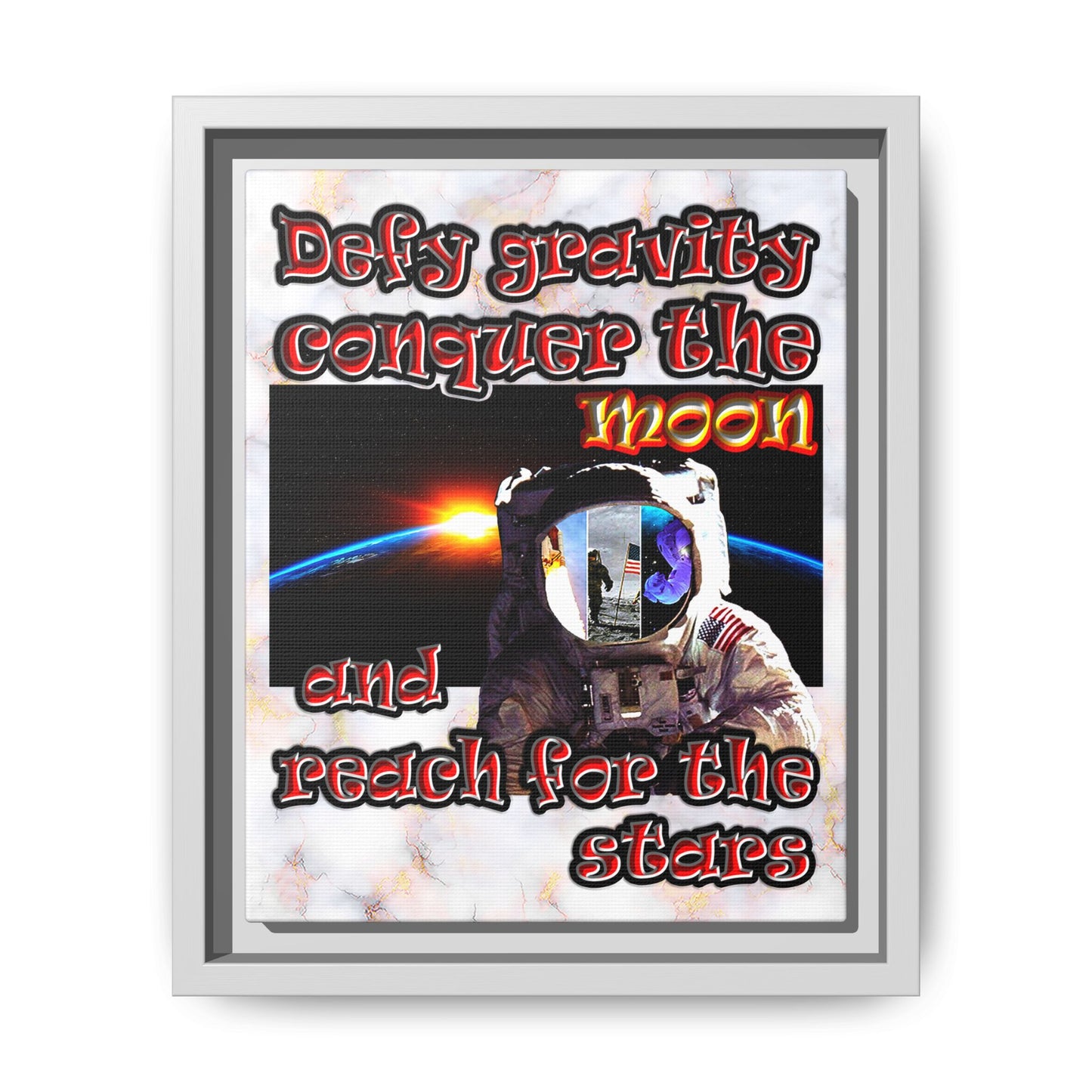 defy conquer reach - framed canvas art (white marble)