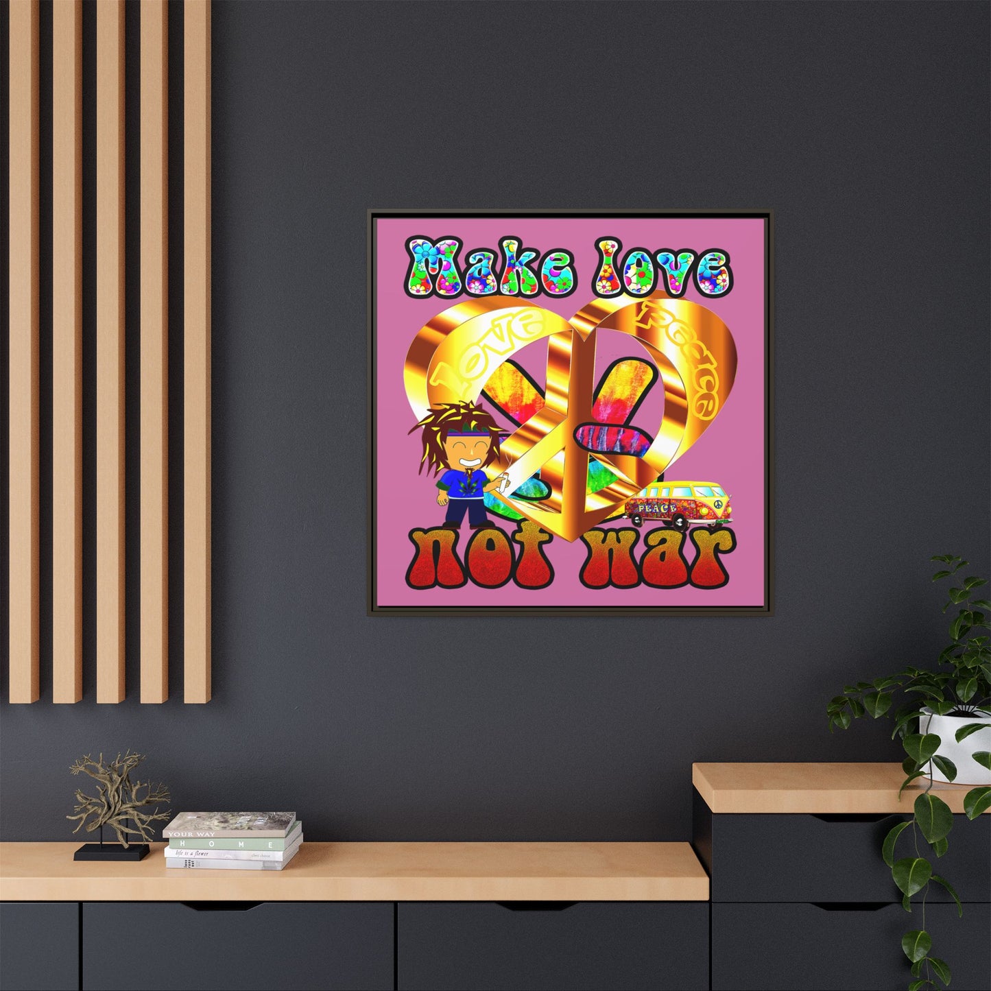 love peace - framed canvas art (light pink)