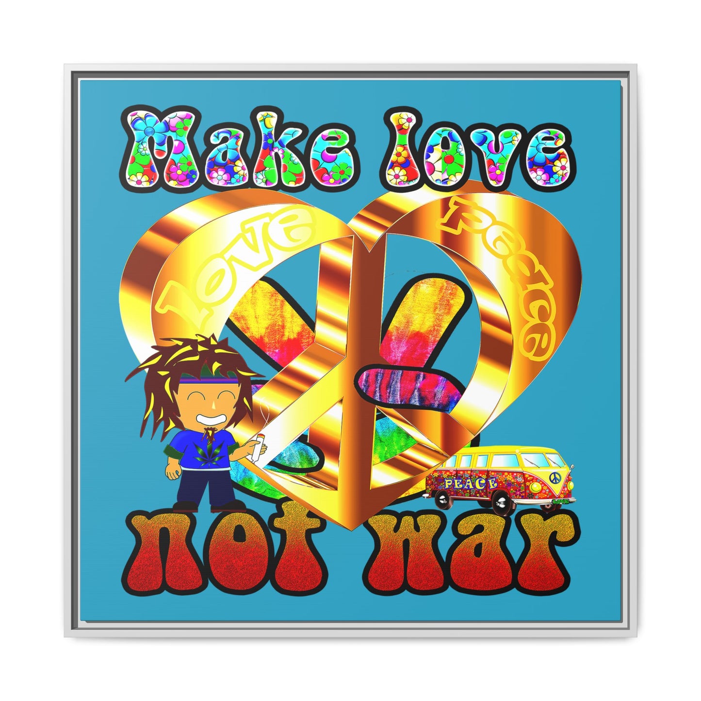 love peace - framed canvas art (turquoise)