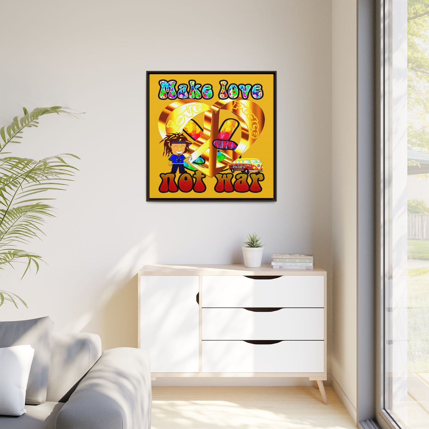 love peace - framed canvas art (yellow)