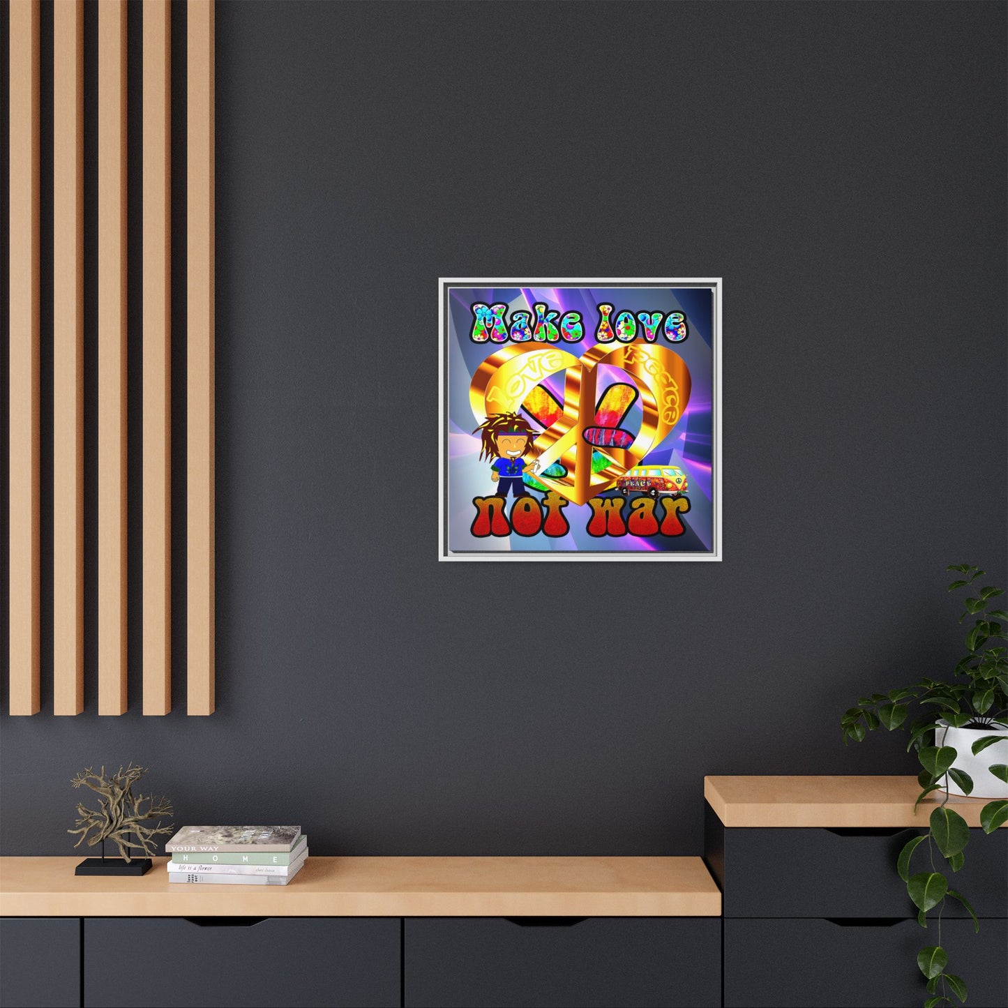 love peace - framed canvas art (grey-pink wave)