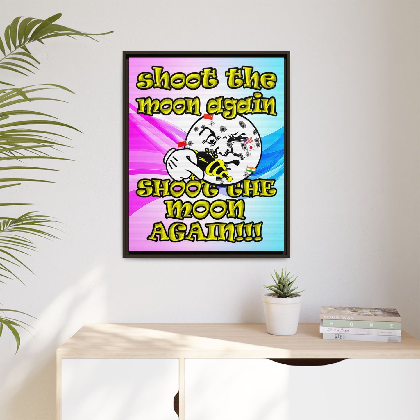 shoot the moon again - framed canvas art (light blue-pink wave)
