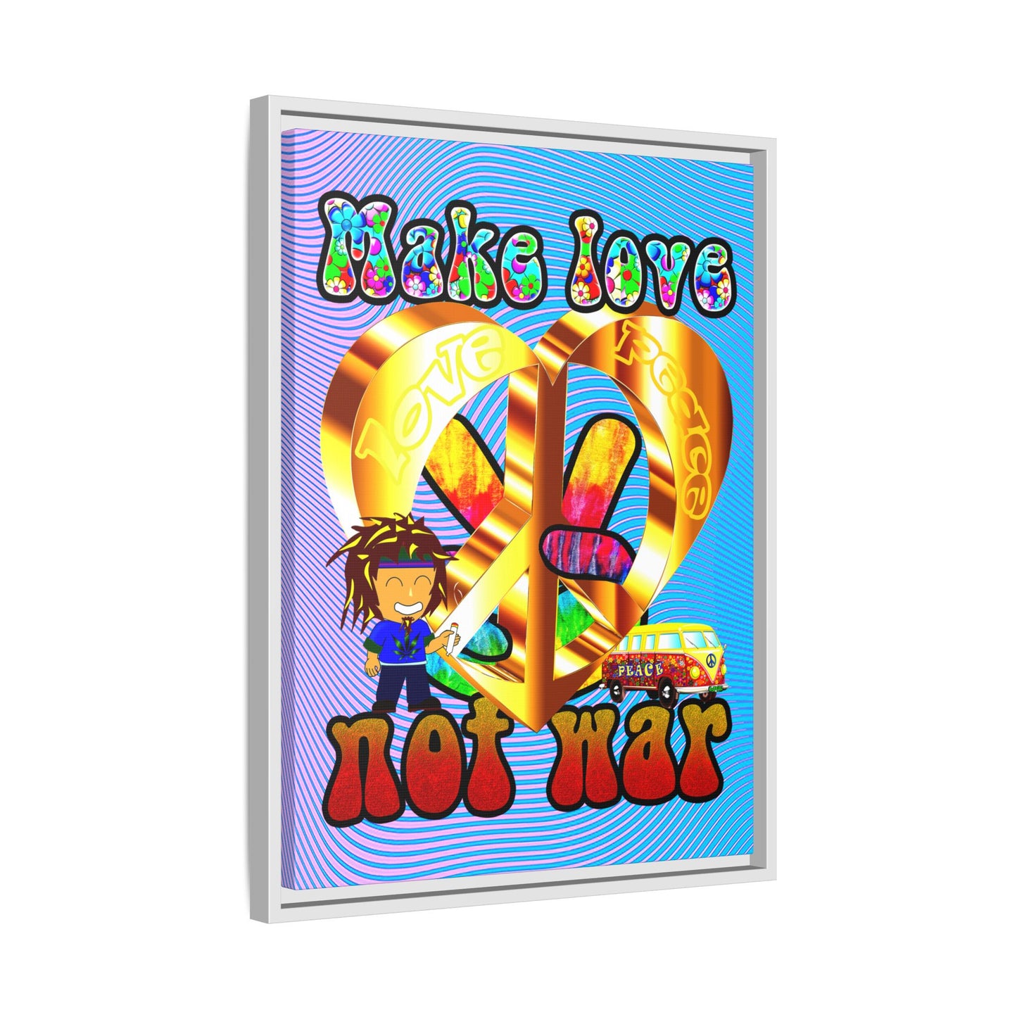 love peace - framed canvas art (light blue-purple wave)